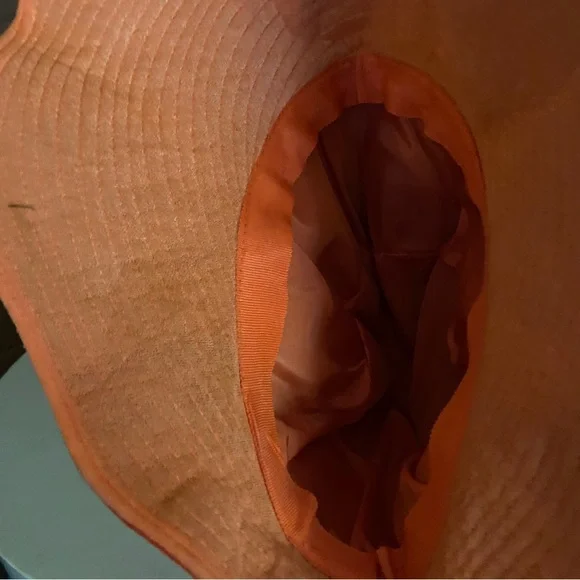 Vintage 70s mod orange flocked velvet wide brim bonnet hat - Picture 5 of 5